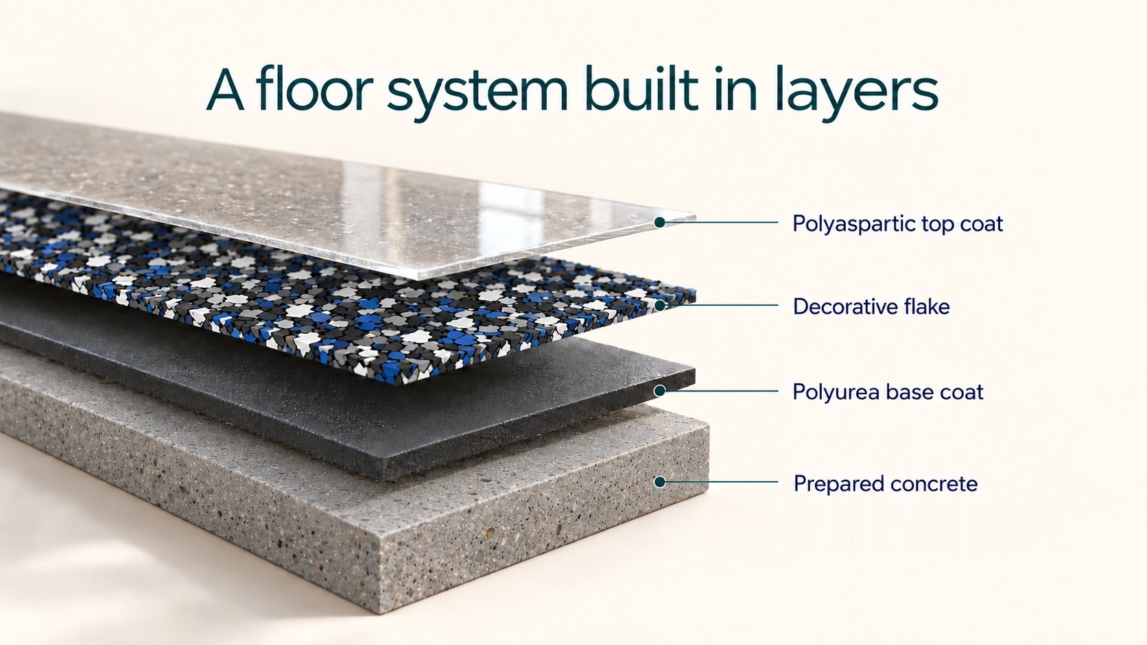 A floor system shown in four layers, top to bottom: polyaspartic top coat, decorative flake in the Orbit blend, polyurea base coat, and prepared concrete.